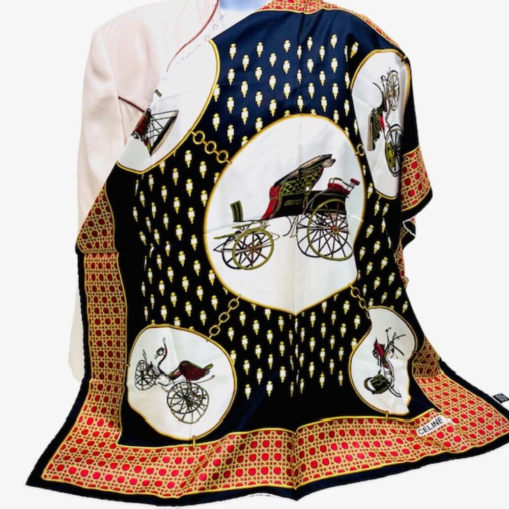 CELINE Paris 100% Silk Satin Scarf 34" beige black gold carriage France  Made(60 - Picture 5 of 14